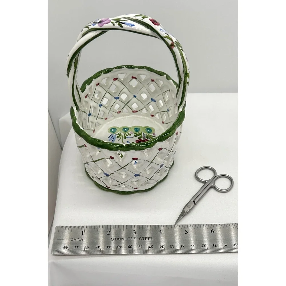 RCCL Hand Painted Portugal Ceramic Lattice Basket Floral Twisted Handle Floral